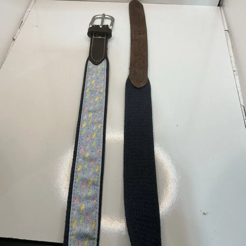 Vineyard Vines Navy Pink Blue Whale Logo Canvas Club Brown Belt Size 28 Made USA